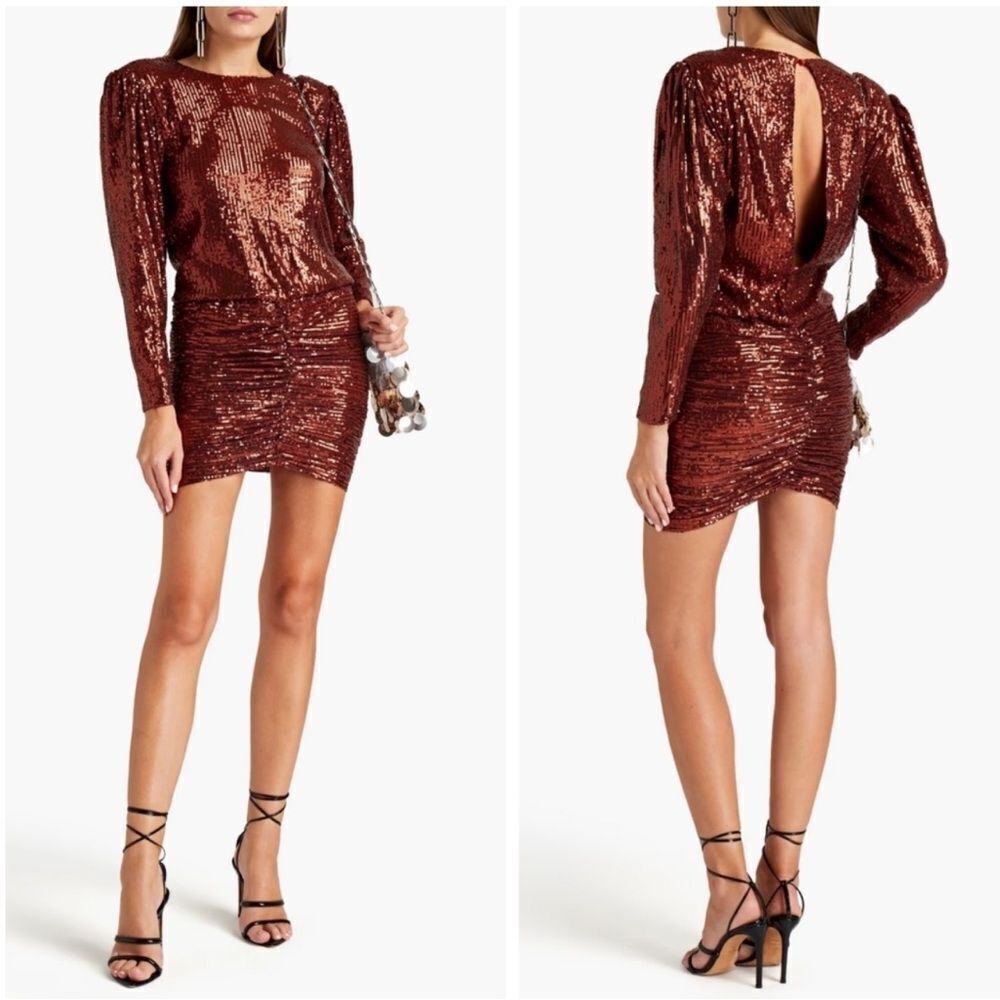 NEW Retrofete Flynn Long Sleeve Sequin Mini Dress Bronze Copper Size Large